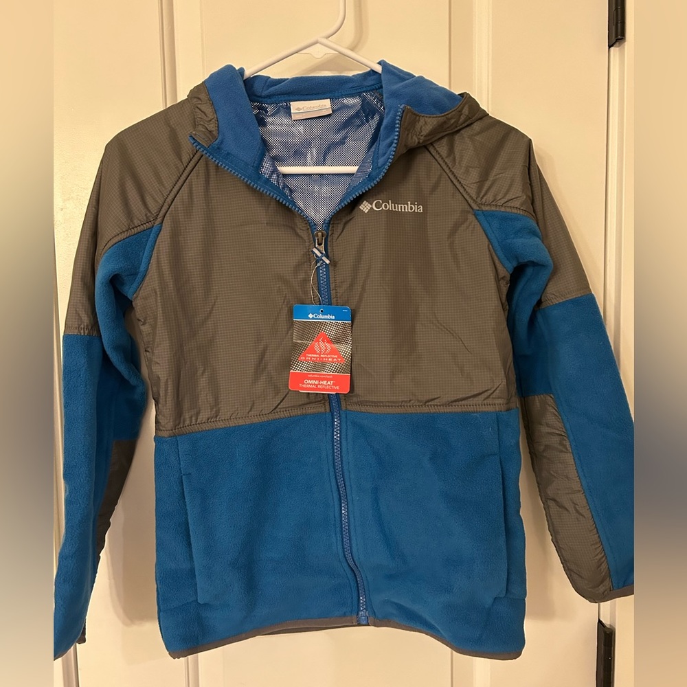 Youth Omni heat fleece jacket, youth size medium. Blue and grey, new with tags
